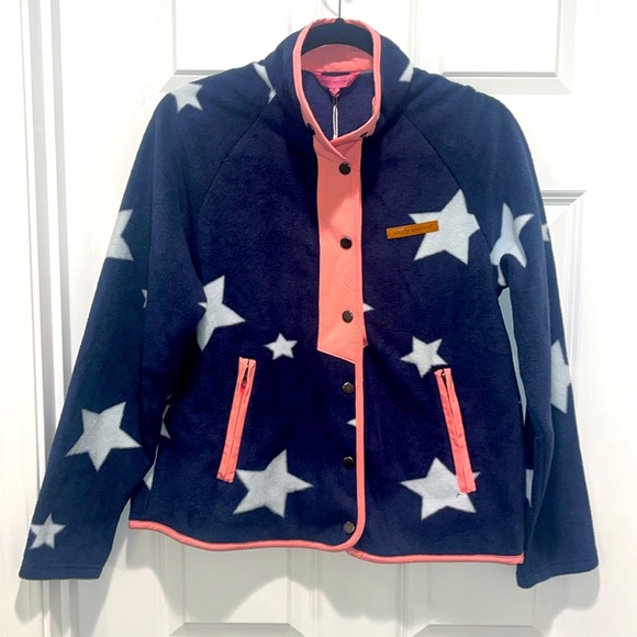 NWT Simply Southern Patriotic USA button down Jacket star print NAVY PINK TRIM - Picture 2 of 7
